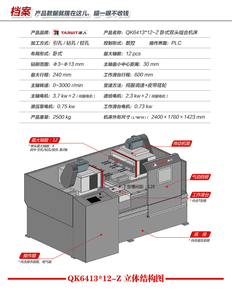 達人QK6413*12-Z臥式雙頭多功能組合機床產(chǎn)品參數